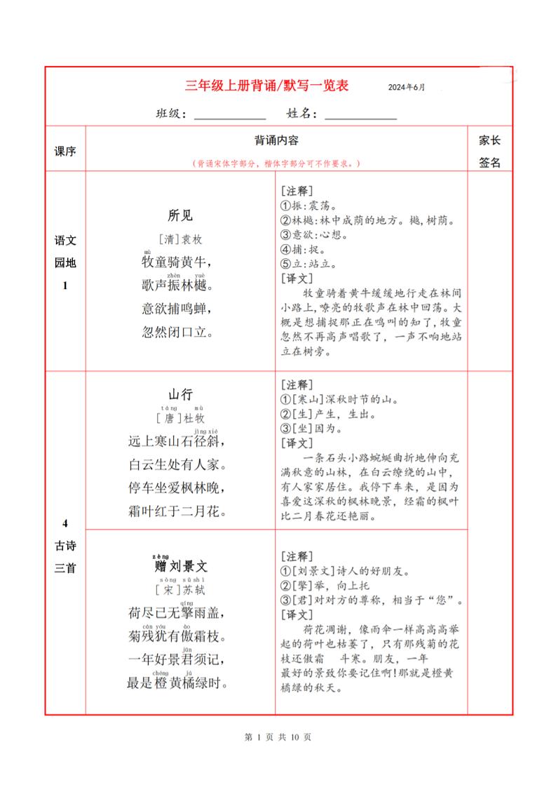 三上语文必背内容+默写表-悟思笔记，一个低调的学习营。