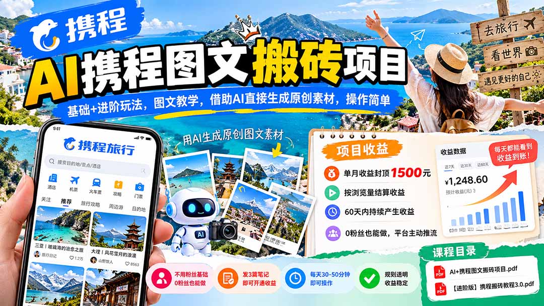 AI携程图文搬砖项目，基础+进阶玩法，图文教学，借助AI直接生成原创素材，操作简单-悟思笔记，一个低调的学习营。