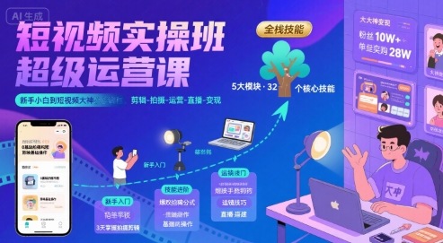 短视频实操班超级运营课，新手小白到短视频大神必修课程，剪辑-拍摄-运营-直播-变现-悟思笔记，一个低调的学习营。