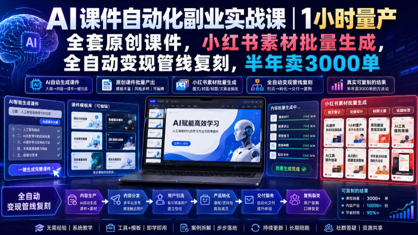 AI课件自动化副业实战课｜1小时量产全套原创课件，小红书素材批量生成，全自动变现管线复刻，半年卖3000单-悟思笔记，一个低调的学习营。