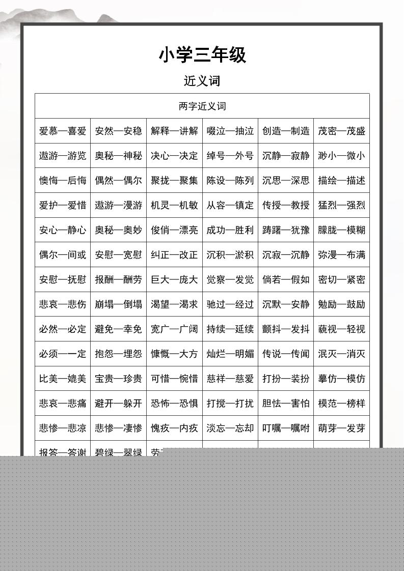 三上语文近义词和反义词汇总-悟思笔记，一个低调的学习营。
