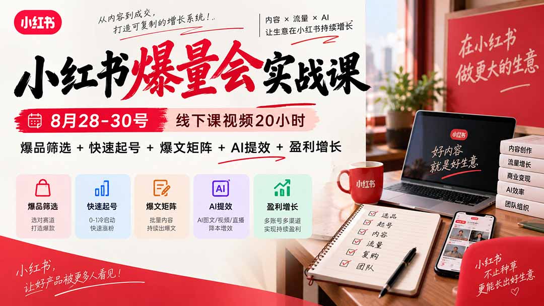 小红书爆量会实战课：8月28-30号线下课视频20小时，爆品筛选+快速起号+爆文矩阵+AI提效+盈利增长-悟思笔记，一个低调的学习营。