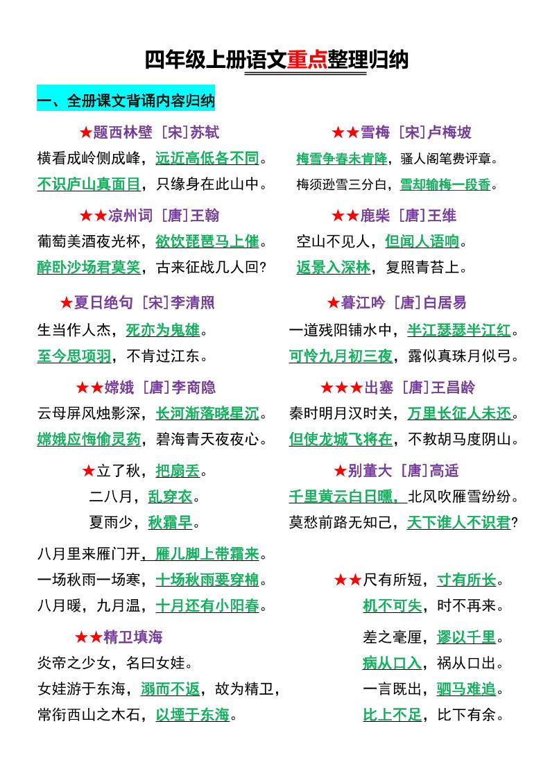 四年级上册语文重点整理归纳-悟思笔记，一个低调的学习营。