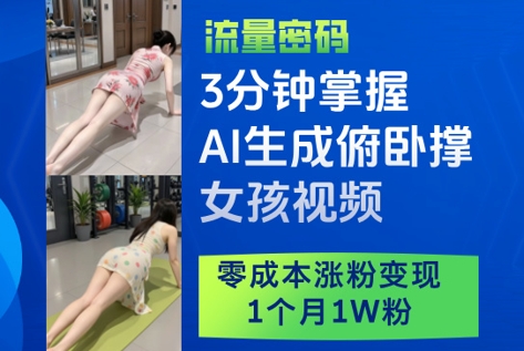 3分钟掌握AI生成俯卧撑女孩视频，零成本涨粉变现，1个月1W粉-悟思笔记，一个低调的学习营。
