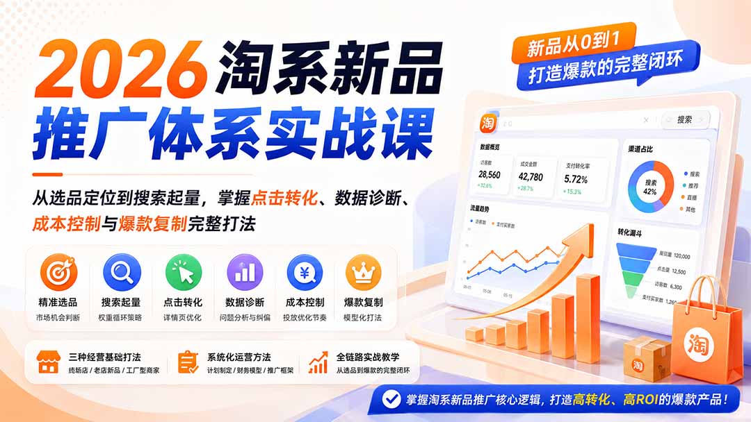 2026淘系新品推广体系实战课：从选品定位到搜索起量，掌握点击转化、数据诊断、成本控制与爆款复制完整打法-悟思笔记，一个低调的学习营。