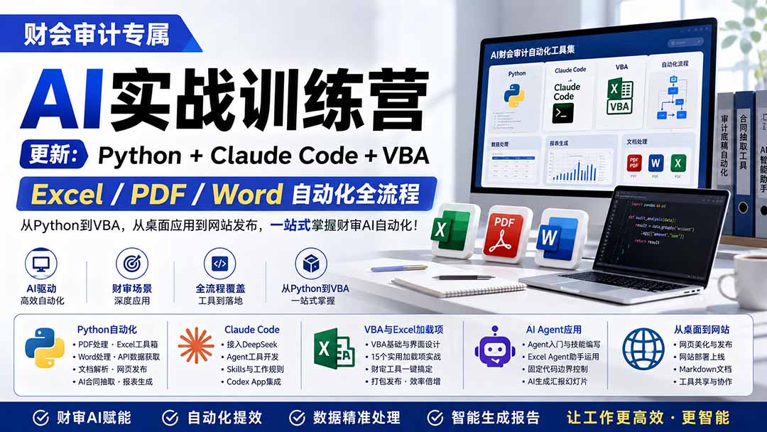 财会审计专属 AI实战训练营：Python+Claude Code+VBA，Excel/PDF/Word自动化全流程 (更新-悟思笔记，一个低调的学习营。