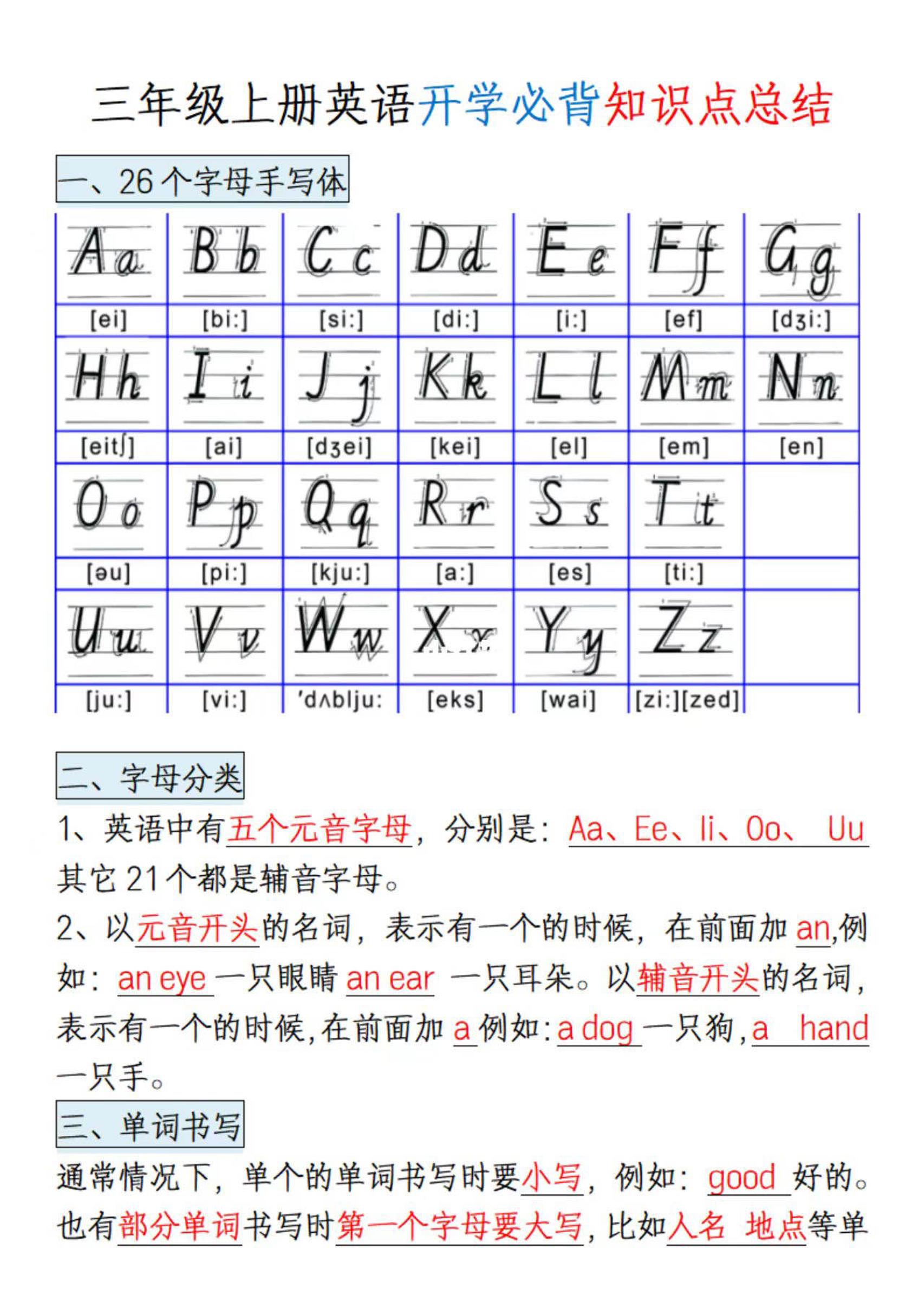 三年级上册英语开学必背知识点总结-悟思笔记，一个低调的学习营。