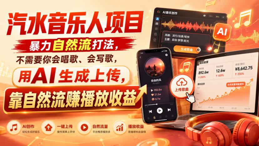 汽水音乐人项目，暴力自然流打法，不需要你会唱歌、会写歌，用AI生成上传，靠自然流賺播放收益-悟思笔记，一个低调的学习营。