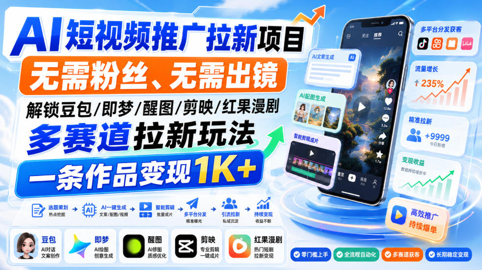 AI短视频推广拉新项目，无需粉丝、无需出镜，解锁豆包/即梦/醒图/剪映/红果漫剧多赛道拉新玩法，一条作品变现1K+(更新0918)-悟思笔记，一个低调的学习营。