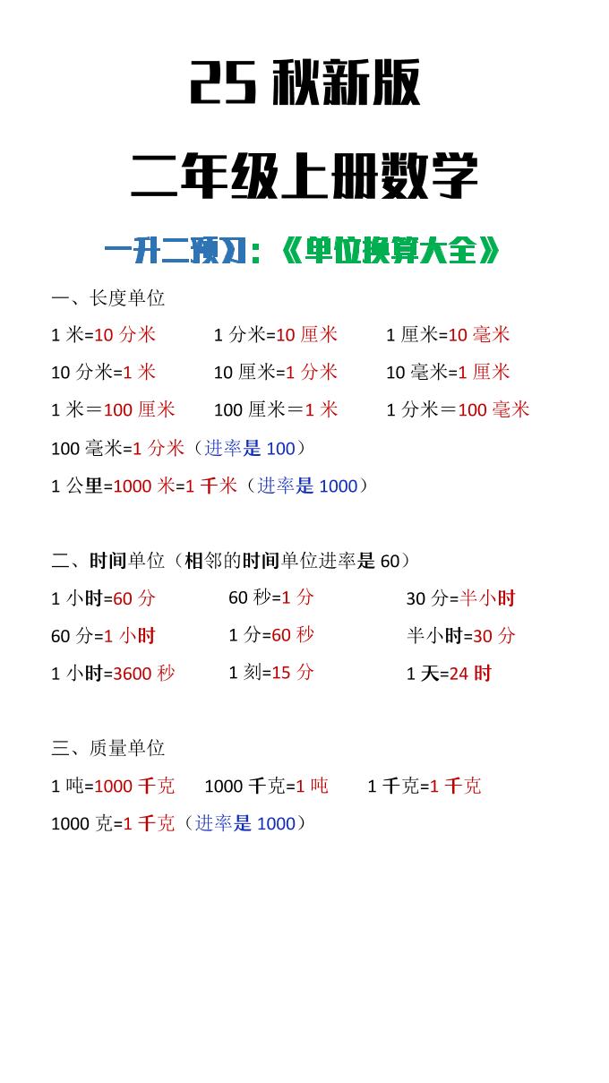 【2025秋新版】二年级上册数学单位换算大全-悟思笔记，一个低调的学习营。