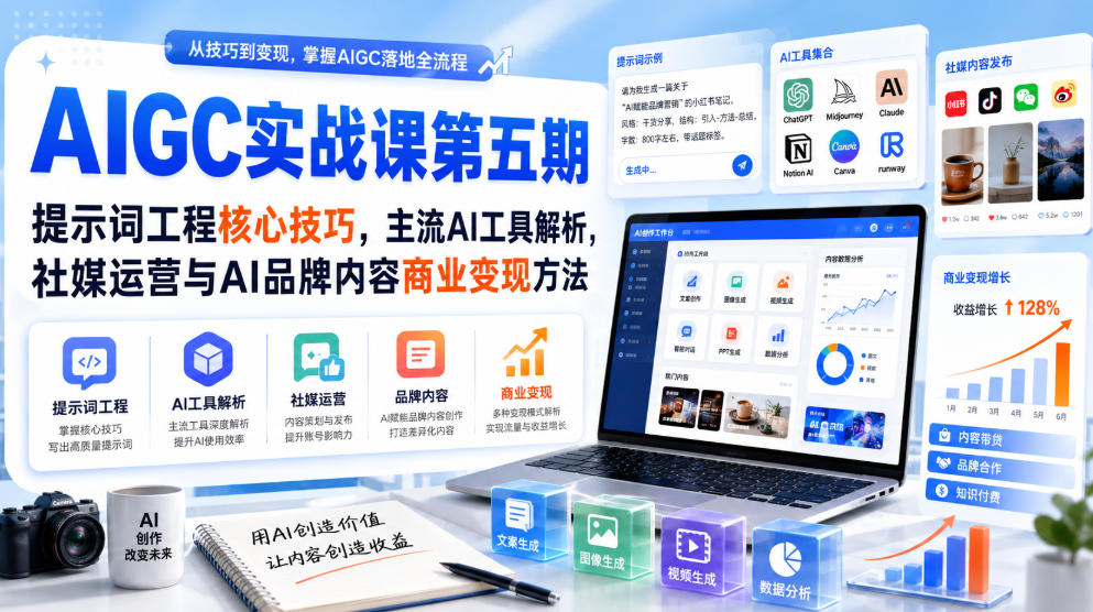 刺猬星球·AIGC实战课第五期，提示词工程核心技巧，主流AI工具解析，社媒运营与AI品牌内容商业变现方法-悟思笔记，一个低调的学习营。