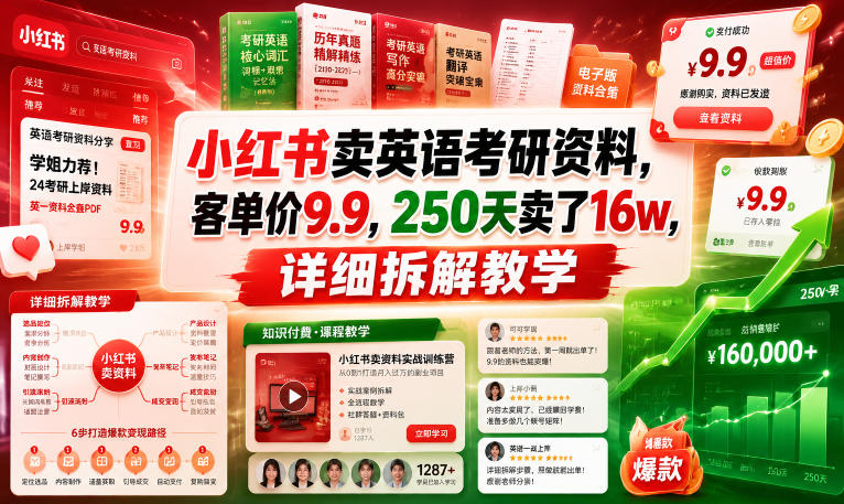 小红书卖英语考研资料，客单价9.9，250天卖了16w，详细拆解教学-悟思笔记，一个低调的学习营。