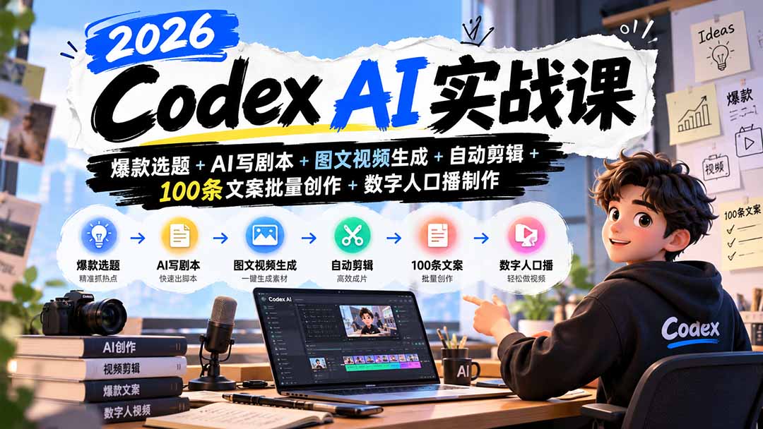 2026Codex AI实战课：爆款选题+AI写剧本+图文视频生成+自动剪辑+100条文案批量创作+数字人口播制作-悟思笔记，一个低调的学习营。