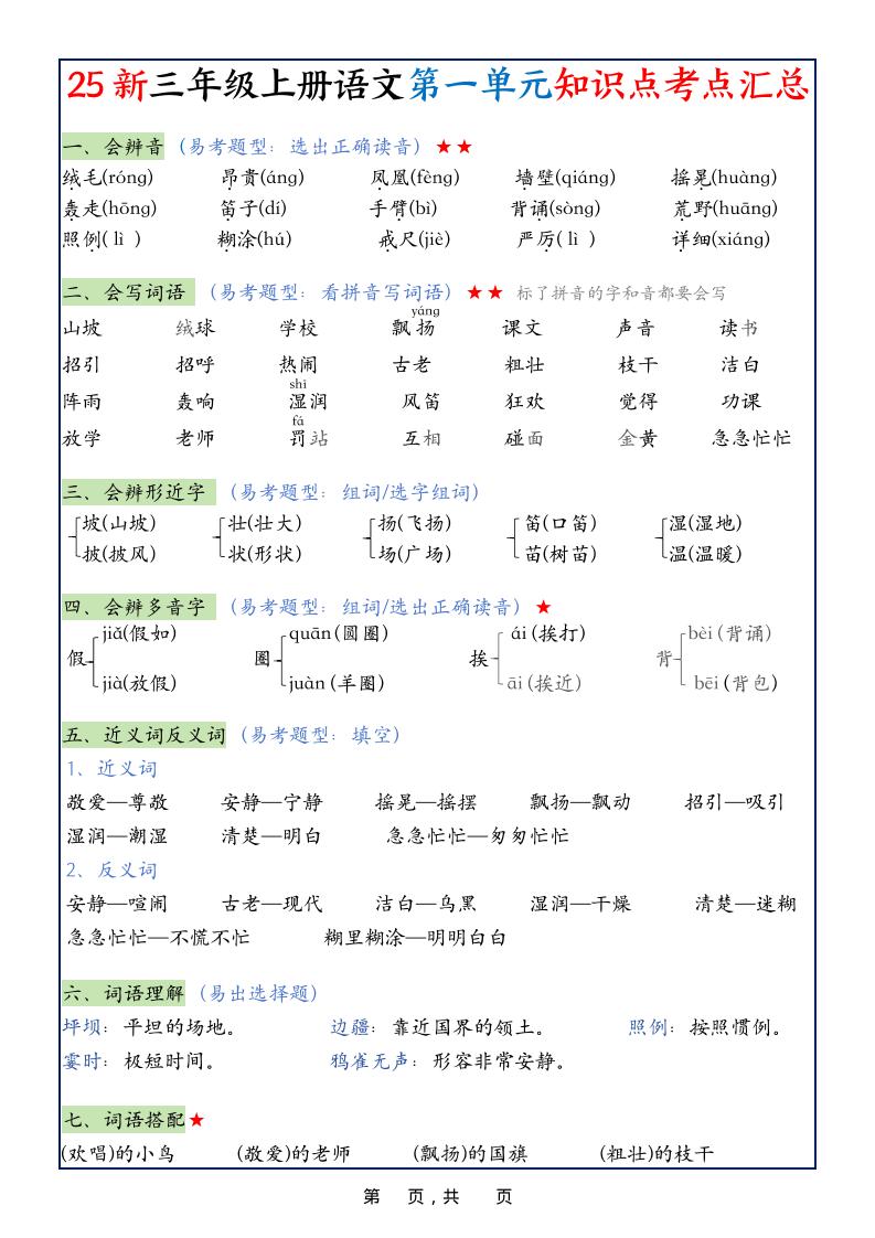 25新三上语文1-8单元知识点考点汇总（24页）-悟思笔记，一个低调的学习营。