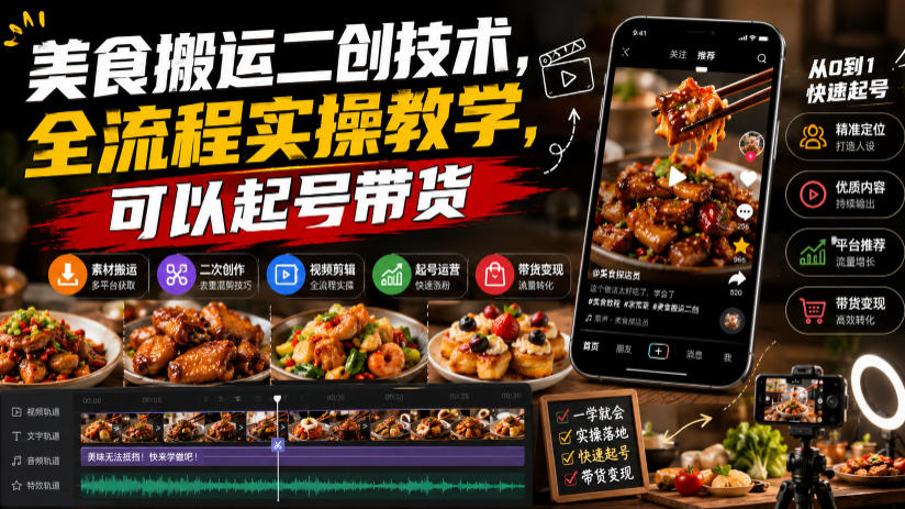 美食搬运二创技术，全流程实操教学，可以起号带货-悟思笔记，一个低调的学习营。