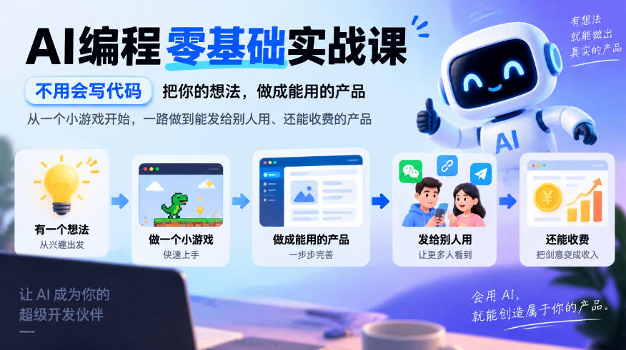 AI编程零基础实战课，不用会写代码，把你的想法，做成能用的产品，从一个小游戏开始，一路做到能发给别人用、还能收费的产品-悟思笔记，一个低调的学习营。