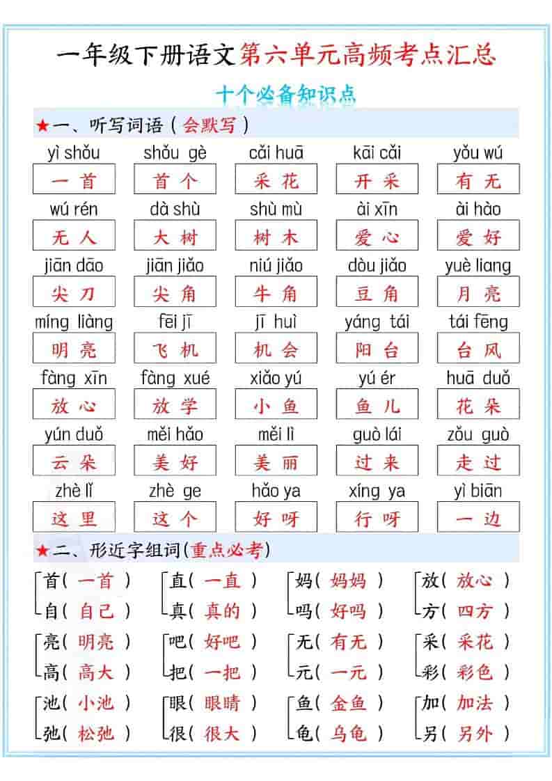 一年级下语文第六单元高频考点汇总-悟思笔记，一个低调的学习营。