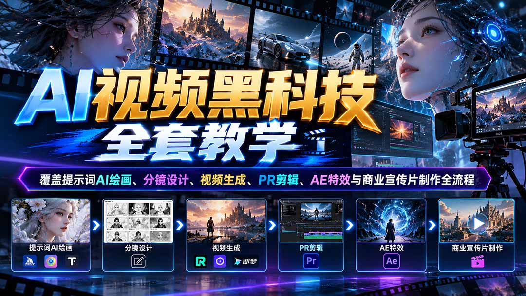 AI视频黑科技全套教学：覆盖提示词AI绘画、分镜设计、视频生成、PR剪辑、AE特效与商业宣传片制作全流程-悟思笔记，一个低调的学习营。