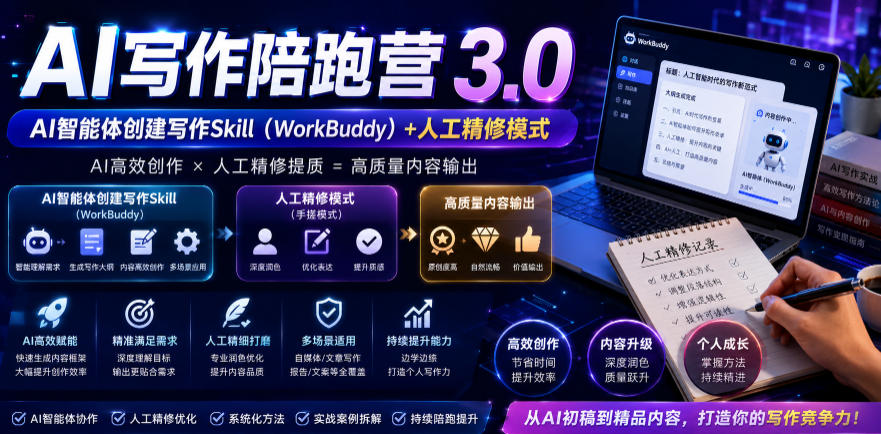 AI写作陪跑营3.0，Ai智能体创建写作skill(workbuddy)+人工手写模式(手搓模式)，去除AI痕迹(头条号、公众号、百家号)(更新0806)-悟思笔记，一个低调的学习营。
