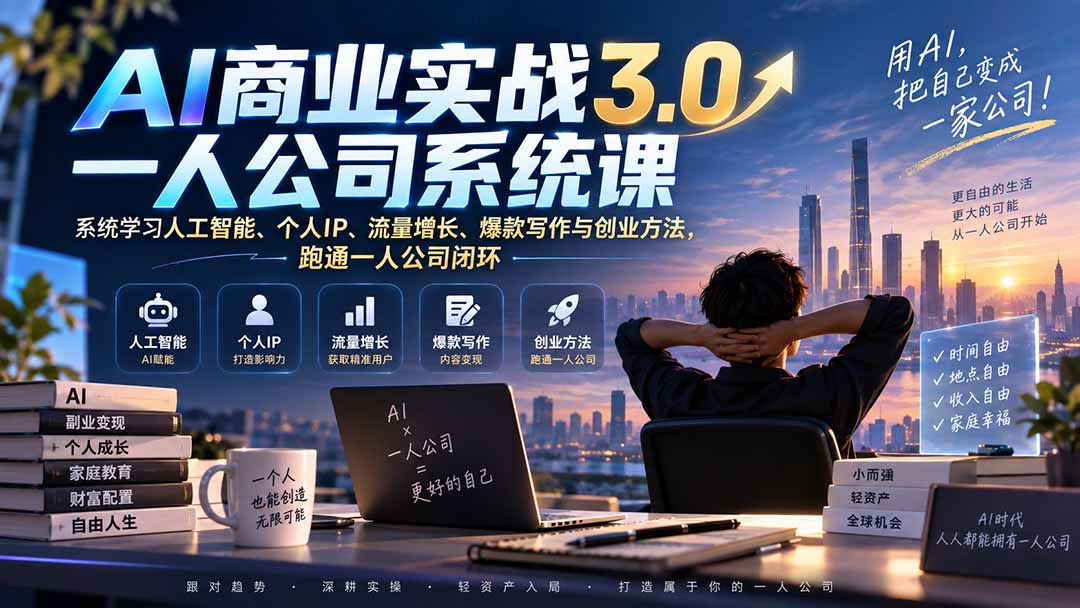 AI商业实战3.0一人公司系统课：系统学习人工智能、个人IP、流量增长、爆款写作与创业方法，跑通一人公司闭环-悟思笔记，一个低调的学习营。