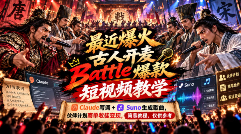 最近爆火古人开麦Battle爆款短视频教学，Claude写词+Suno生成歌曲，伙伴计划商单收徒变现，简易教程，仅供参考-悟思笔记，一个低调的学习营。