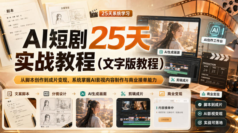 AI短剧25天实战教程(文字版教程)，从脚本创作到成片变现，系统掌握AI影视内容制作与商业接单能力-悟思笔记，一个低调的学习营。