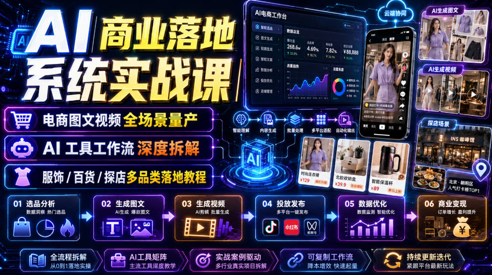 AI商业落地系统实战课｜电商图文视频全场景量产・AI工具工作流深度拆解・服饰/百货/探店多品类落地教程-悟思笔记，一个低调的学习营。