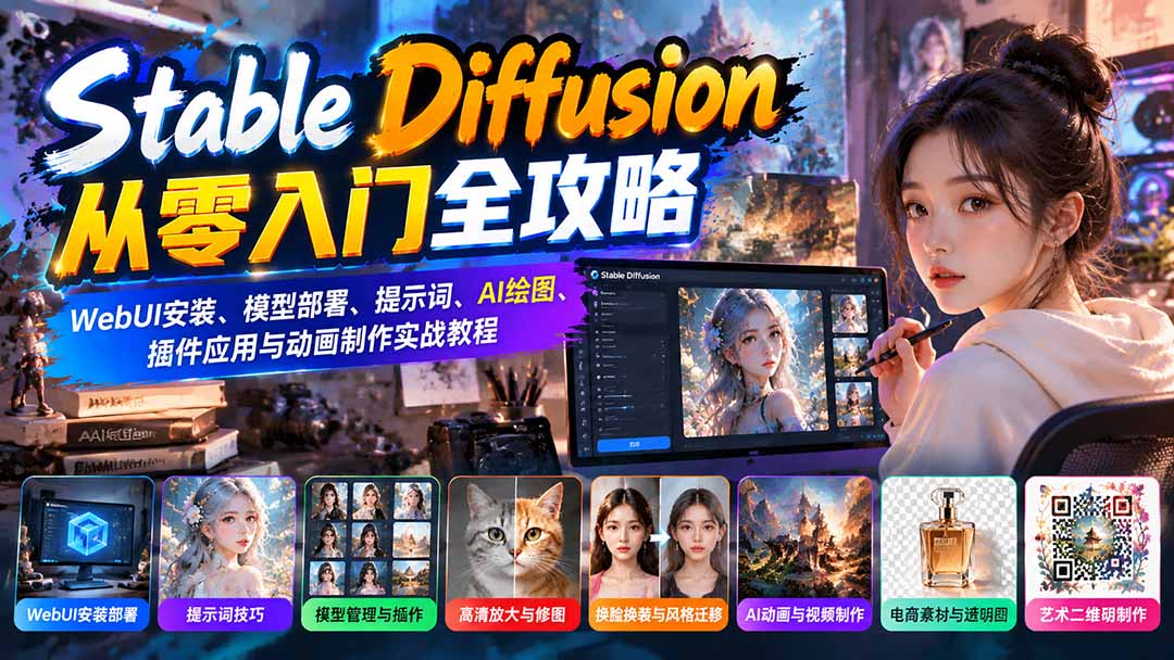 Stable Diffusion从零入门全攻略：WebUI安装、模型部署、提示词、AI绘图、插件应用与动画制作实战教程-悟思笔记，一个低调的学习营。