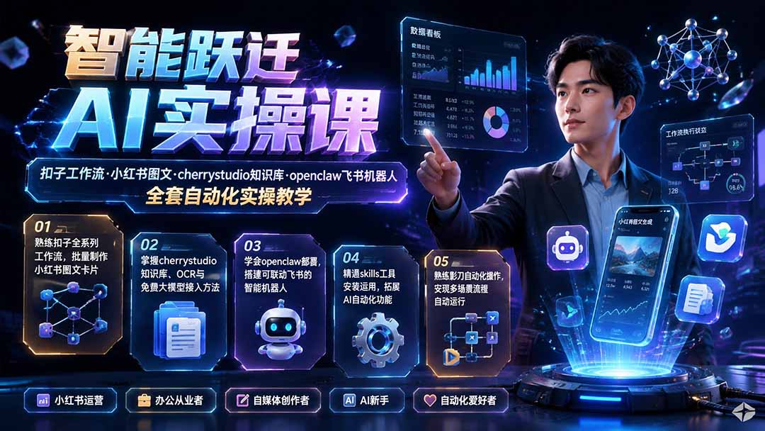 智能跃迁 AI实操课｜扣子工作流小红书图文搭建，cherrystudio知识库openclaw飞书机器人全套自动化实操教学-悟思笔记，一个低调的学习营。