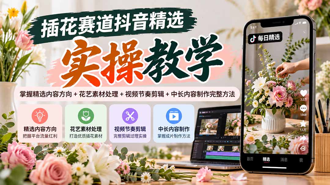 插花赛道抖音精选实操教学：掌握精选内容方向+花艺素材处理+视频节奏剪辑+中长内容制作完整方法-悟思笔记，一个低调的学习营。