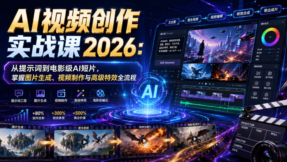 AI视频创作实战课2026：从提示词到电影级AI短片，掌握图片生成、视频制作与高级特效全流程-悟思笔记，一个低调的学习营。