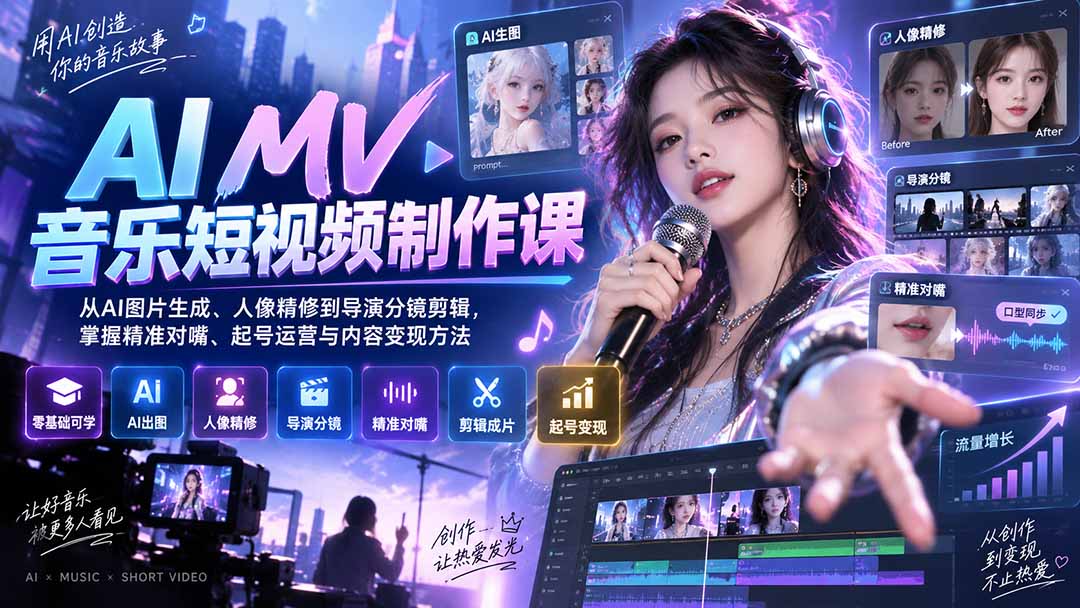 AI MV音乐短视频制作课：从AI图片生成、人像精修到导演分镜剪辑，掌握精准对嘴、起号运营与内容变现方法-悟思笔记，一个低调的学习营。