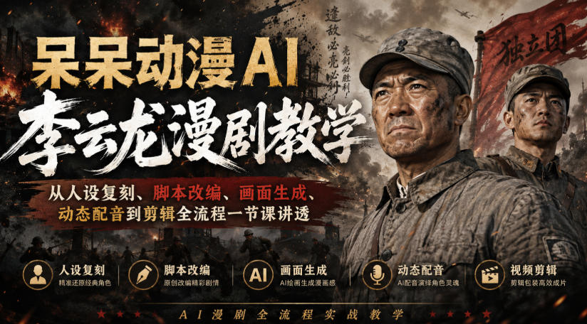 呆呆动漫AI李云龙漫剧教学，从人设复刻、脚本改编、画面生成、动态配音到剪辑全流程一节课讲透-悟思笔记，一个低调的学习营。