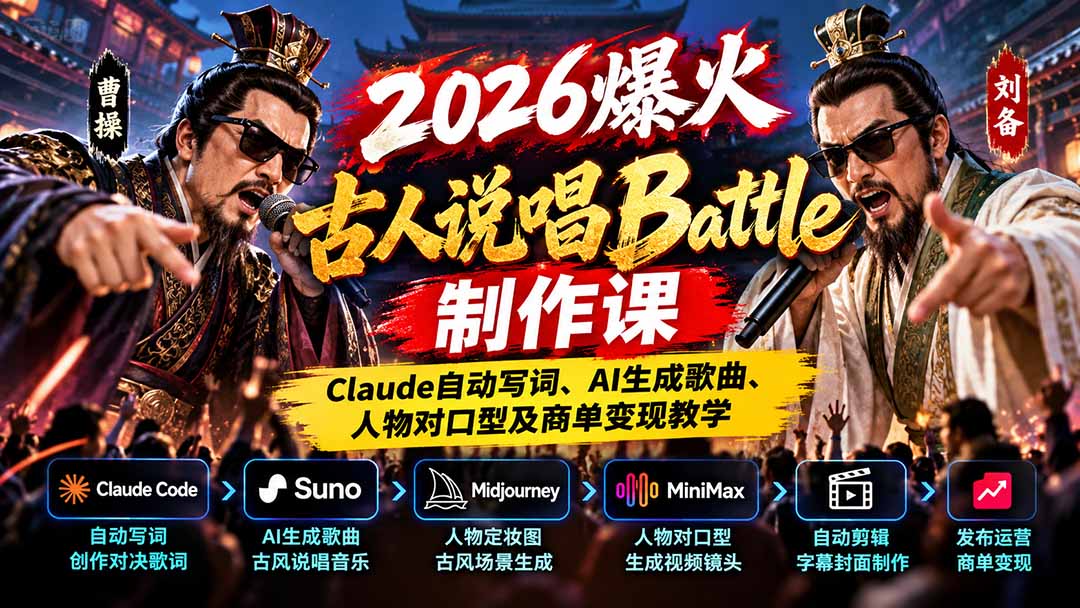 2026爆火古人说唱Battle制作课：Claude自动写词、AI生成歌曲、人物对口型及商单变现教学-悟思笔记，一个低调的学习营。