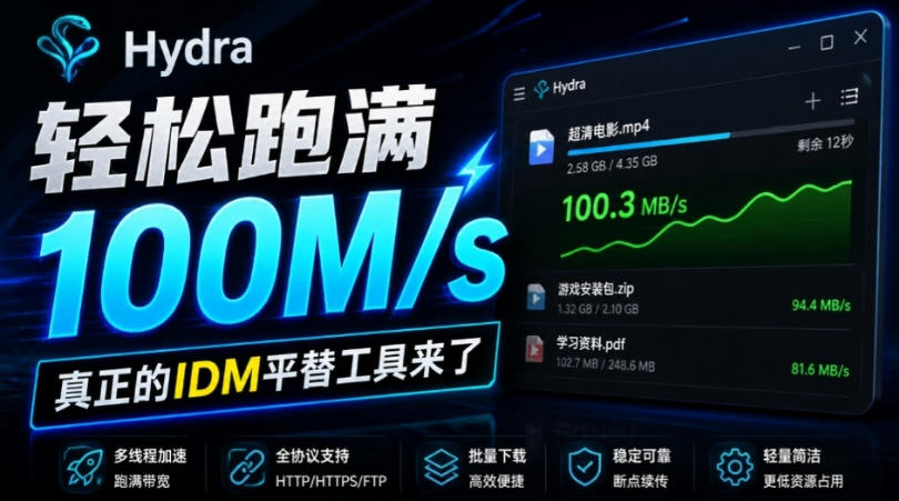 轻松跑满100M/s，真正的IDM平替工具来了，开源多线程器，支持浏览器拓展，一键智能加速Hydra Download Manager-悟思笔记，一个低调的学习营。