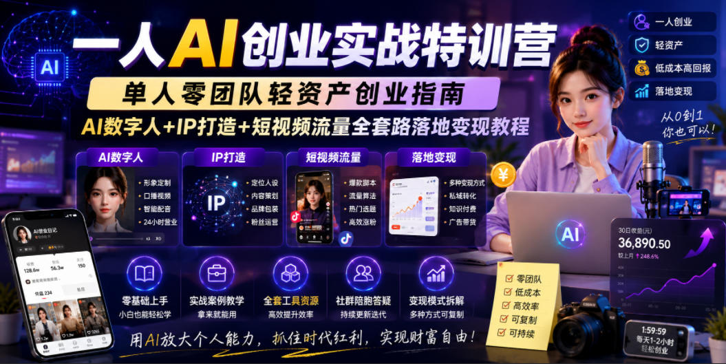 一人AI创业实战特训营，单人零团队轻资产创业指南，AI数字人+IP打造+短视频流量全套路落地变现教程-悟思笔记，一个低调的学习营。