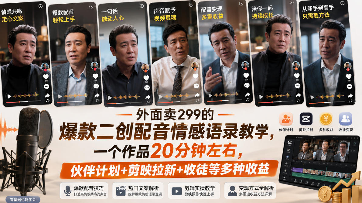 外面卖299的爆款二创配音情感语录教学，一个作品20分钟左右，伙伴计划+剪映拉新+收徒等多种收益-悟思笔记，一个低调的学习营。