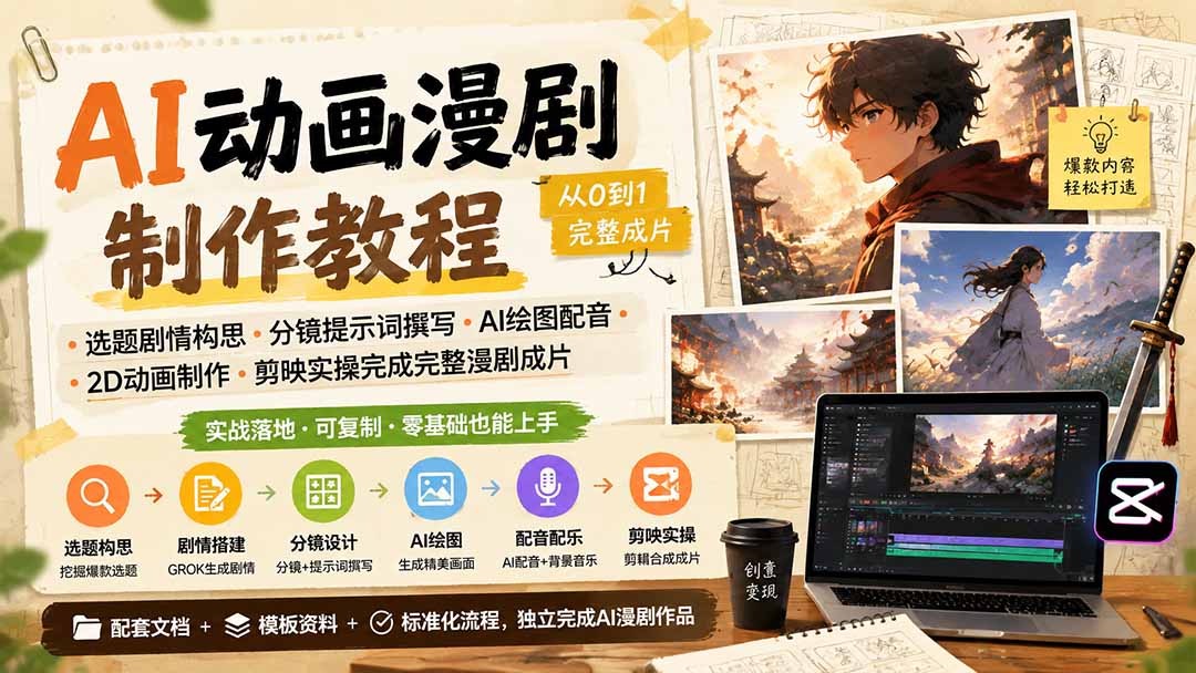 AI动画漫剧制作教程｜选题剧情构思·分镜提示词撰写·AI绘图配音·2D动画制作·剪映实操完成完整漫剧成片-悟思笔记，一个低调的学习营。