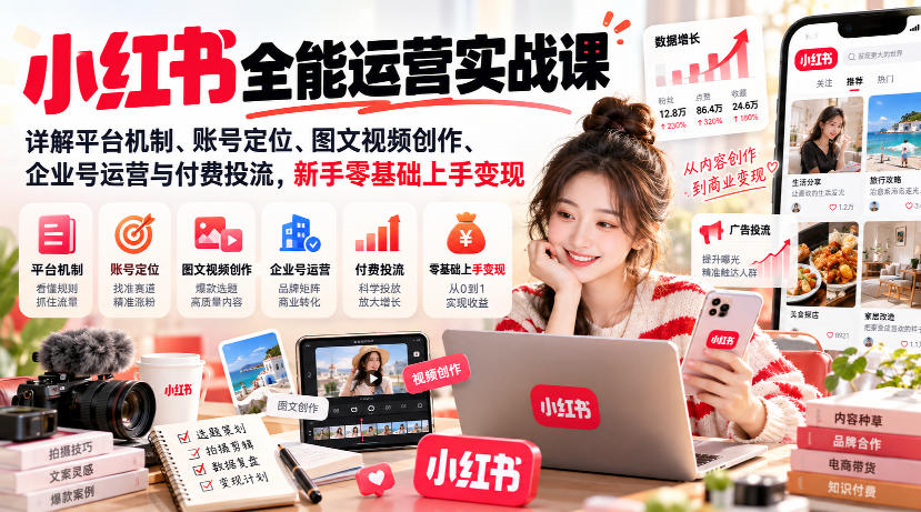 小红书全能运营实战课，详解平台机制、账号定位、图文视频创作、企业号运营与付费投流，新手零基础上手变现-悟思笔记，一个低调的学习营。