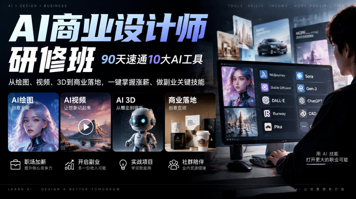 AI商业设计师研修班，90天速通10大AI工具，从绘图、视频、3D到商业落地，一键掌握涨薪、做副业关键技能-悟思笔记，一个低调的学习营。