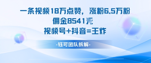 一条视频18W点赞，涨粉6.5W粉佣金8541米，视频号+抖音=王炸-悟思笔记，一个低调的学习营。