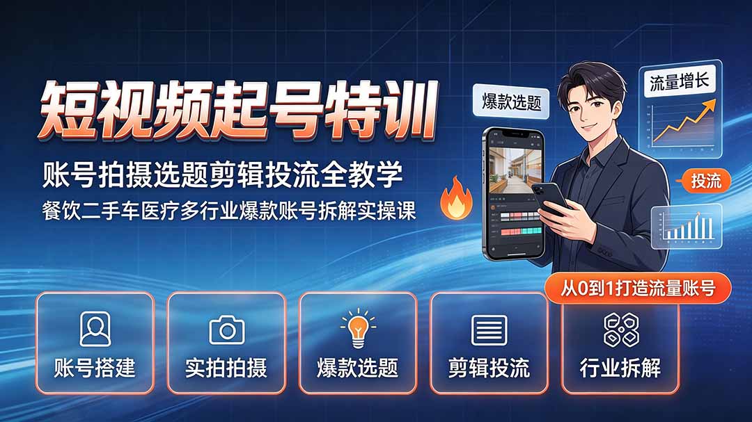 短视频起号特训｜账号拍摄选题剪辑投流全教学，餐饮二手车医疗多行业爆款账号拆解实操课-悟思笔记，一个低调的学习营。
