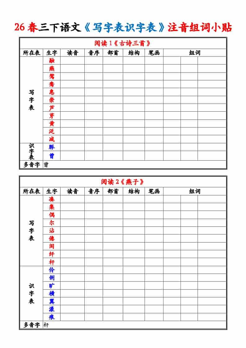 三年级下语文26春《写字表识字表》注音组词小贴-悟思笔记，一个低调的学习营。