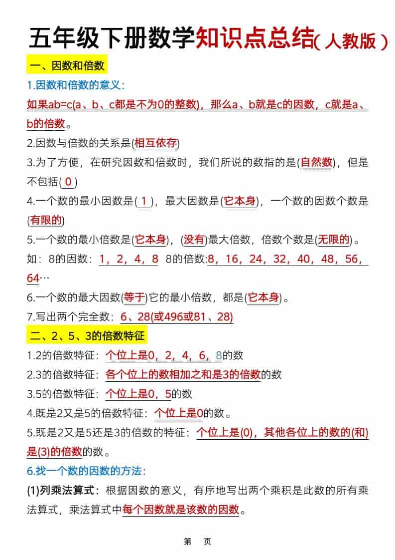 五年级下数学知识点总结《人教版》-悟思笔记，一个低调的学习营。