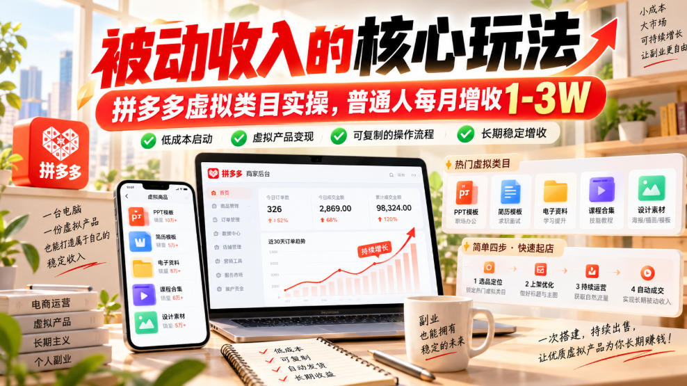 被动收入的核心玩法，拼多多虚拟类目实操，普通人每月增收1-3W【揭秘】-悟思笔记，一个低调的学习营。