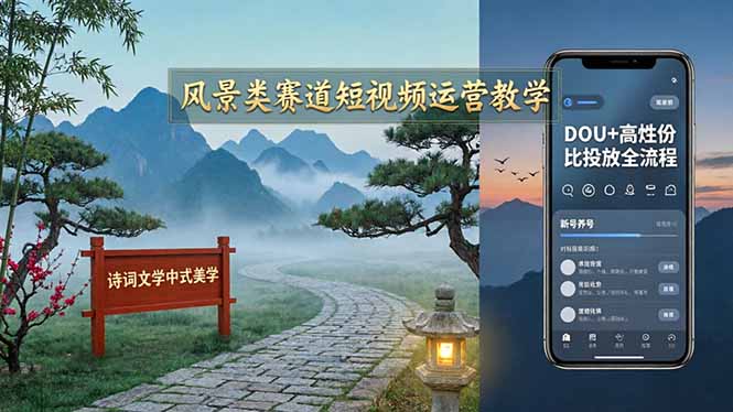 风景类赛道短视频运营教学：诗词文学中式美学，新号养号对标账号定位，DOU+高性价比投放全流程-悟思笔记，一个低调的学习营。