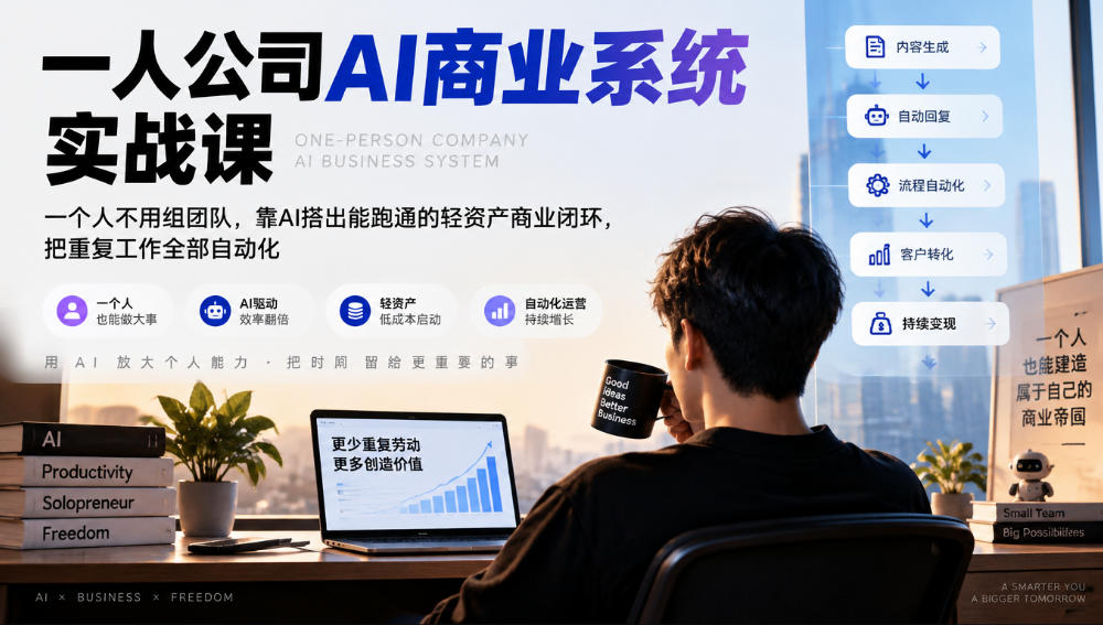 一人公司AI商业系统实战课，一个人不用组团队，靠AI搭出能跑通的轻资产商业闭环，把重复工作全部自动化-悟思笔记，一个低调的学习营。