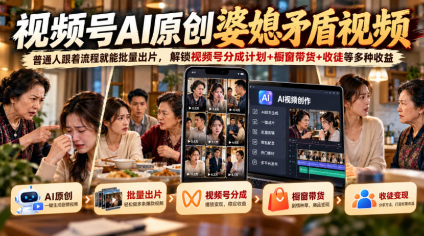 视频号ai原创婆媳矛盾视频，普通人跟着流程就能批量出片，解锁视频号分成计划+橱窗带货+收徒等多种收益-悟思笔记，一个低调的学习营。
