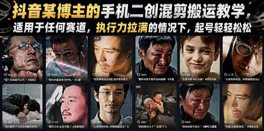 抖音某博主的手机二创混剪搬运教学，适用于任何赛道，执行力拉满的情况下，起号轻轻松松-悟思笔记，一个低调的学习营。