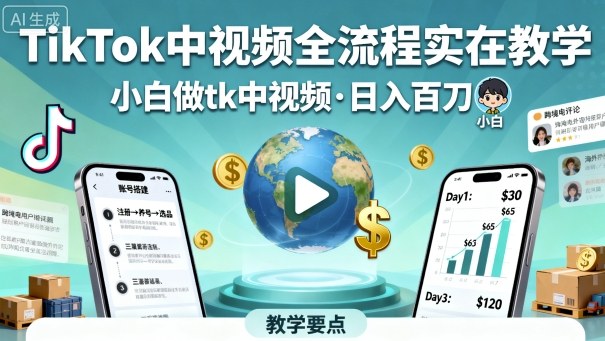 TikTok中视频全流程实操教学，小白做tk中视频，日入百刀-悟思笔记，一个低调的学习营。